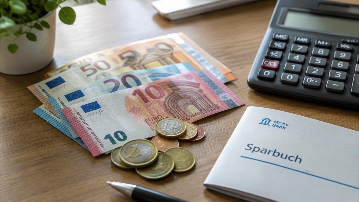 Eurosedlar och mynt bredvid en miniräknare